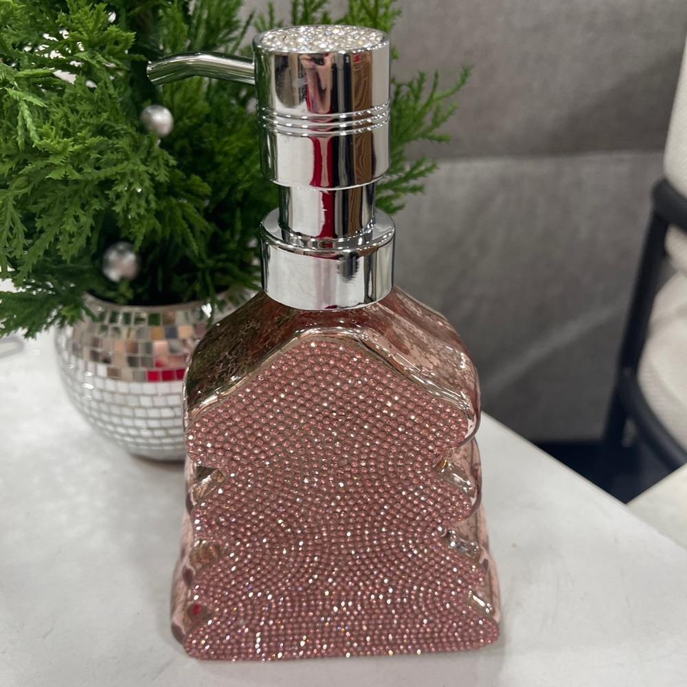 Pink Christmas Tree Pink Rhinestone Glass Holiday Soap Dispenser NWT
